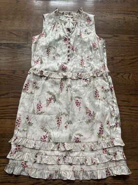Rebecca Taylor Silk Blend Floral Ruffle Dress Cream Pink Jacquard Size 0